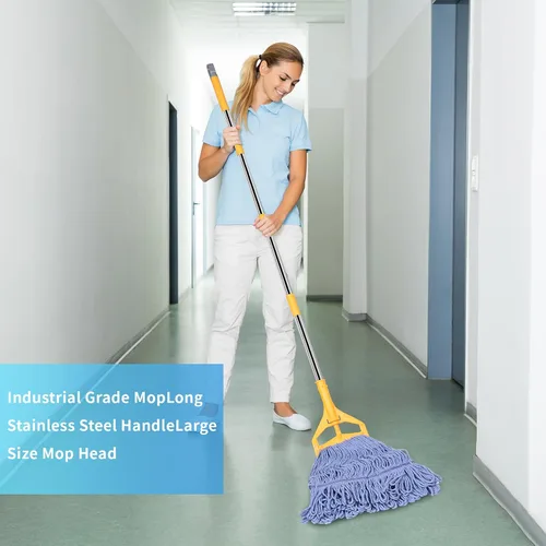 Vista 3 de Trapeador comercial, trapeador industrial resistente con mango de 63 pulgadas Looped-End String Wet Mops for Floor Cleaning for Warehouse