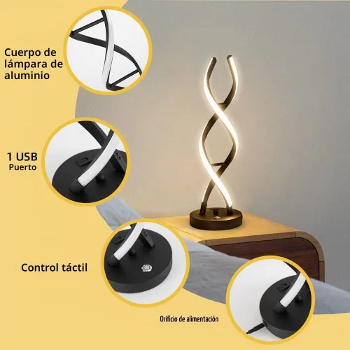 Vista 3 de Lámpara de mesa LED moderna, lámparas de mesa en espiral regulables para dormitorio, 3 colores con control táctil, lámpara de mesita de noche con 1