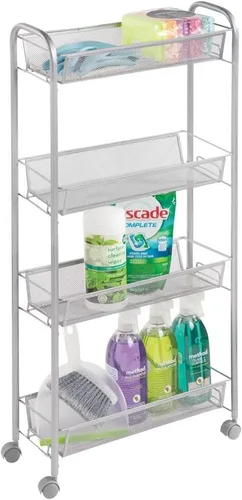 Vista 4 de mDesign Carrito organizador de almacenamiento de metal de acero delgado con 4 estantes para lavandería, cocina, organización de baño, soporte