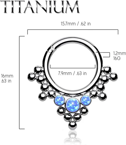 Vista 3 de BodyJ4You Anillo de piercing 16G con bisagras, aro clicker grado implante, titanio, tribal, ópalo, tabique, pezón, oreja daith, Metal