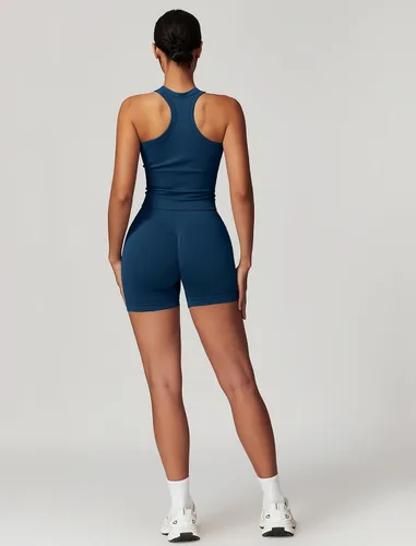 Vista 34 de Conjuntos de entrenamiento para mujer, 2 piezas, sin costuras, acanalada, sin mangas, brasier deportivo, cintura alta, pantalones cortos