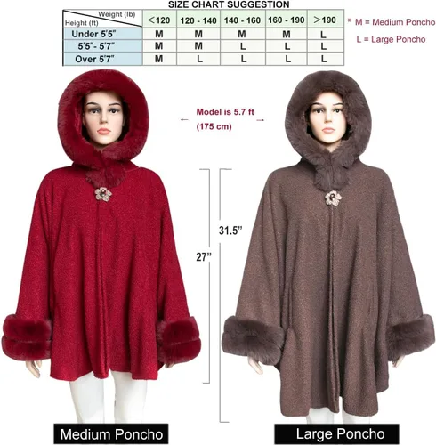Vista 5 de Dahlia Capa de poncho de invierno para mujer con ribete de piel sintética y forro polar
