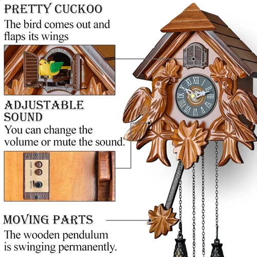 Vista 3 de TIMEGEAR Reloj de cuco con modo nocturno, movimiento de cuarzo y decoraciones de madera (marrón)