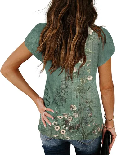 Vista 3 de Camisetas de manga corta con pétalos para mujer, cuello en V, con encaje, ajuste holgado