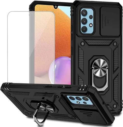 Vista 9 de Funda para Galaxy A32 4G, Samsung A32 4G SM-A325F con protector de pantalla de vidrio templado y cubierta de cámara deslizante, anillo magnético