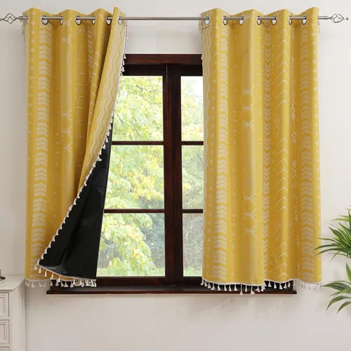 Vista 18 de Cortinas Boho ColorBird Beige Crema opacas, 2 paneles de 63 pulgadas de largo, tratamiento para ventanas con aislamiento térmico, estampado