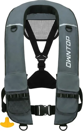 Vista 11 de Owntop Chaqueta de natación inflable para adultos, convertible automática/manual, cuello de neopreno, bolsillos grandes con solapa y trabillas