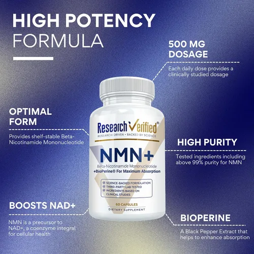 Vista 2 de Research Verified NMN - Boost Cellular Energy, Support Healthy Aging & Vitality - 500mg Pure NMN - 60 Capsules - 1 Bottle