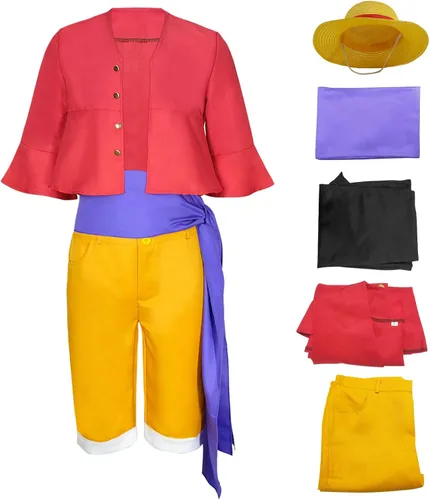Vista 5 de SPORTBANG Disfraz de Luffy para adultos, chaleco de camisa roja con sombrero de paja, disfraz de pirata para Halloween, cosplay para hombres