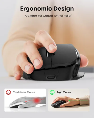Vista 8 de Ratón ergonómico recargable con Jiggler, Bluetooth+2.4G inalámbrico+conexión con cable (3 en 1), máximo 4800 DPI, llave de fuego rápido, cable