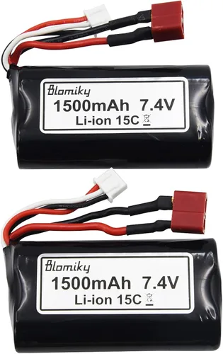 Vista 4 de Blomiky Paquete de 2 baterías recargables de iones de litio de 7.4V 1500mAh 15C con conector de enchufe T y cable USB para camión RC de alta