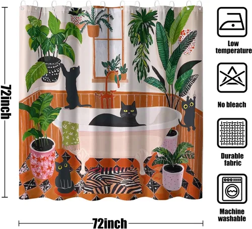 Vista 8 de Divertida cortina de ducha con diseño de gatos negros, estilo bohemio, bonita, divertida, para baño, gatito, verde, hojas tropicales, beige, marrón