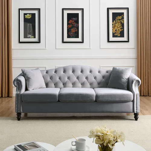 Vista 11 de Juego de Sofá Combinado de Terciopelo Chesterfield de 2 Piezas para Sala de Estar, Sofá de 3 Plazas y Loveseat con Tapizado Capitoné con 4