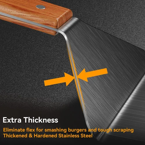 Vista 6 de Espátula para plancha, espátula de metal para sartén de hierro fundido, espátulas de acero inoxidable con mango de madera cómodo, espátula