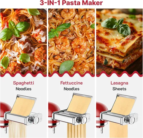 Vista 4 de Accesorio para hacer pasta de acero inoxidable para batidora de pie, 3 en 1 con placa de rodillo de transporte automático, incluye rodillo de pasta