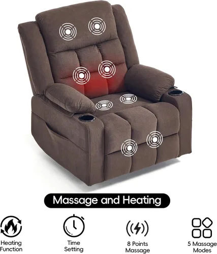 Vista 4 de Silla reclinable giratoria con masaje y calefacción, portavasos, sillón reclinable deslizante para adultos, tela suave, sala de estar, silla