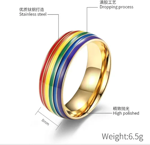 Vista 4 de 2 anillos de orgullo arco iris de dos tonos con incrustaciones de arco iris para amantes de la boda, de compromiso de 0.315in de ancho de acero
