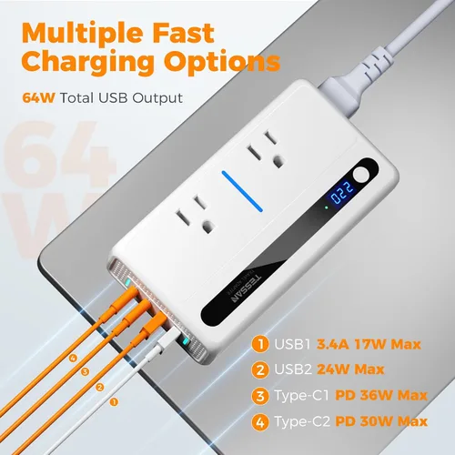 Vista 4 de TESSAN Adaptador de viaje universal con salida de CA dual (tipo C G A I) y convertidor de voltaje de 220 V a 110 V con 4 puertos USB (2 USB C), 2