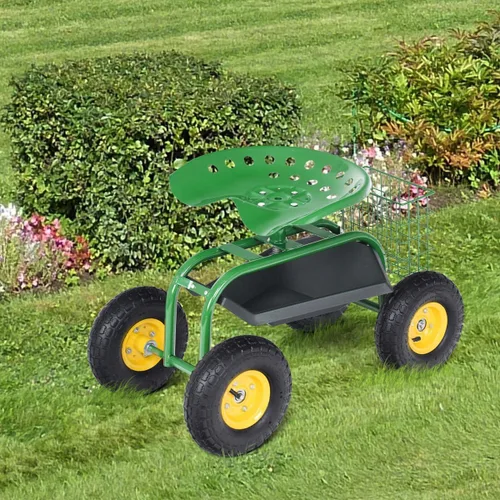 Vista 6 de Giantex Asiento de trabajo de jardín rodante, asiento de trabajo de jardinería giratorio 360 con ruedas, cesta de herramientas, altura ajustable