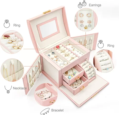 Vista 2 de MUEUSS Caja organizadora de joyas para niñas y mujeres, regalo ideal, joyero portátil de viaje con espejo y cerradura para collar, aretes, anillos