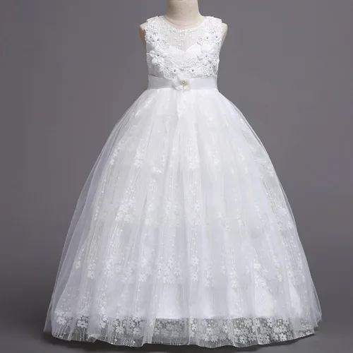 Vista 5 de Vestido maxi de tul para niñas con tutú y flores de encaje, largo hasta el piso, para boda, dama de honor, fiestas