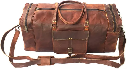 Vista 2 de KK's - Bolsa de viaje de cuero vintage, hecha a mano, elegante y duradera, ideal para gimnasio, viajes, bolsa de viaje de cuero genuino, remaches