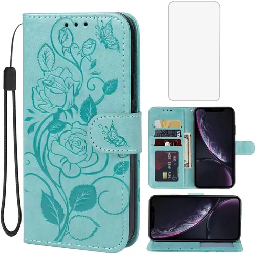 Vista 10 de Funda tipo cartera para iPhone XR con protector de pantalla de vidrio templado, funda de cuero con diseño de flores para tarjeta de crédito