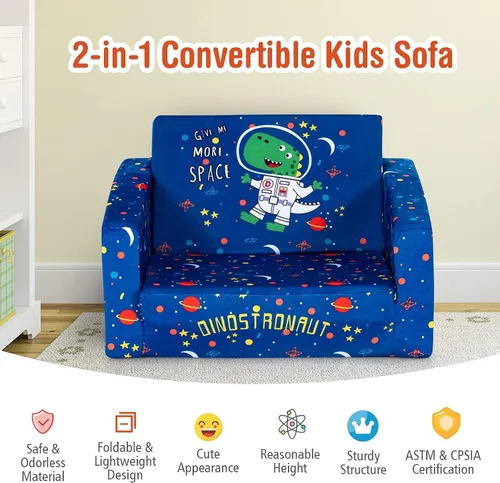 Vista 6 de Costzon Sofá para niños, sofá infantil abierto 2 en 1 con tela de terciopelo, bolsillos de almacenamiento, reposabrazos para niños pequeños, cama