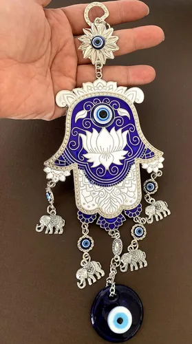 Vista 3 de Amuleto de mano Hamsa azul turco para colgar en la pared, diseño retro, CL06