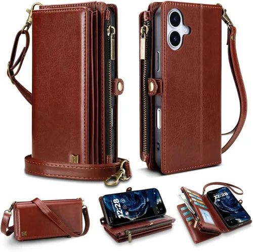 Vista 51 de Funda tipo cartera para iPhone 16 Pro Max con 8 tarjeteros, bloqueo RFID, piel sintética, función atril, abatible, correa de muñeca y correa