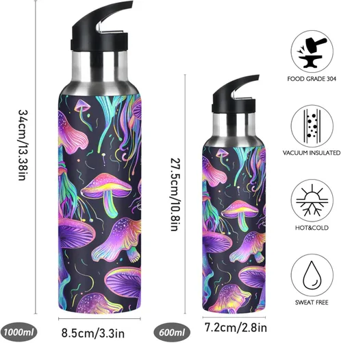 Vista 2 de Insulated Stainless Steel Water Bottle with Straw 32 Oz, Leakproof Water Bottles for Gym Outdoor Travel School, Psychedelic Mushrooms Purple