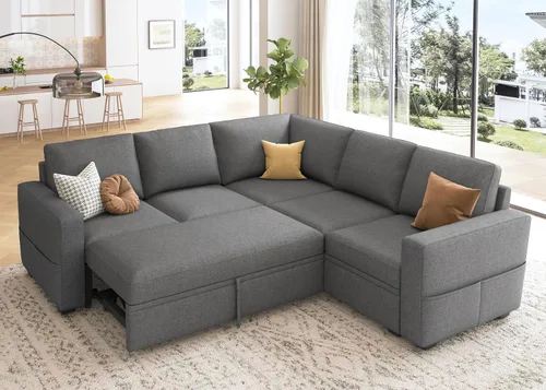 Vista 20 de HONBAY Sofá seccional modular con cama extraíble, sofá cama con forma de U extraíble con secciones de almacenamiento para sala de estar - Beige