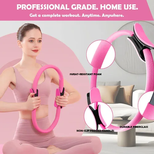 Vista 2 de Juego de anillos de pilates profesional con más de 16 piezas, círculo mágico antidoblez de 14 pulgadas, bandas de resistencia, pelota de yoga, guía