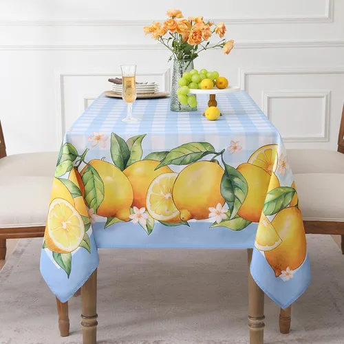 Vista 3 de Romanstile Mantel rectangular de verano, diseño de búfalo con flores de limón, a cuadros, resistente a las manchas, para cenas, fiestas, pícnics