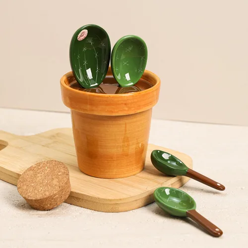 Vista 3 de Sizikato 4 cucharas medidoras de porcelana con base, bonita forma de cactus