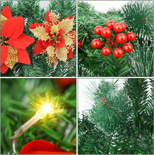 Vista 6 de Guirnalda de Navidad, guirnalda de Navidad con luces, decoración de Navidad, flores artificiales de ratán de 9 pies, decoración de Navidad