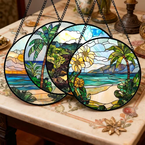 Vista 2 de DASTOLL Conjunto de 4 Piezas de Vidriera Manchada para Colgar en Ventanas Azul Océano con Árbol de Coco 16 cm - Atrapasoles para Puerta, Jardín