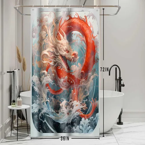 Vista 2 de YLOKPA0717 - Cortina de ducha de dragón japonés con ganchos, enorme ola de mar, cortina de baño de dragón rojo, 36 x 72 pulgadas, decoración de baño