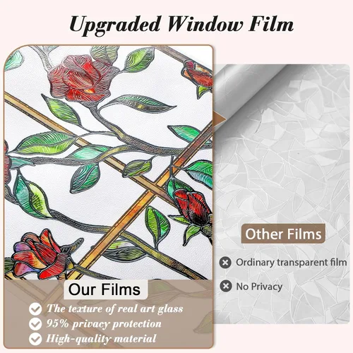 Vista 6 de Windimiley Película decorativa para ventana de vitral, 3D con diseño floral de rosas, película adhesiva estática de privacidad que difunde la luz