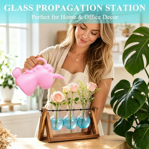 Vista 4 de XXXFLOWER Kit de terrario para plantas con soporte de madera, 3 jarrones de Azul