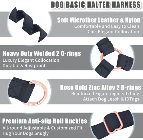 Vista 2 de Arnés de Cuero Suave Sin Tirones para Perro - Arnés Ajustable de Paso para Perro con Hebilla de Metal Resistente de Oro Rosa, Chalecos Halter
