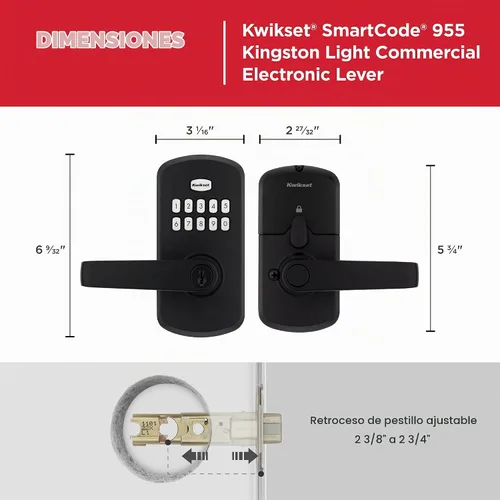 Vista 9 de Kwikset SmartCode 955 - Cerradura electrónica de palanca Kingston de 10 botones en negro mate para uso comercial ligero, con entrada sin llave