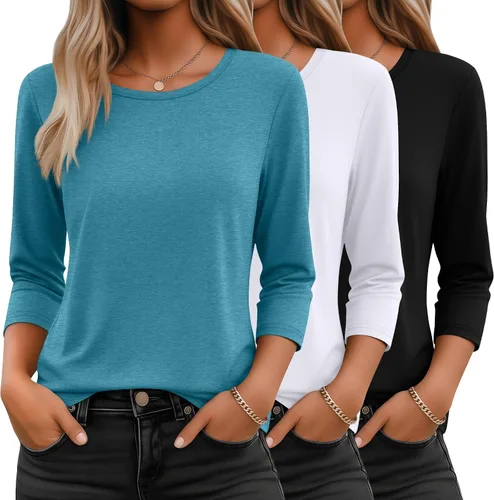 Vista 37 de Ficerd Paquete de 3 camisetas de manga 3/4 para mujer, cuello redondo, camisetas básicas elegantes, casuales, modernas, holgadas