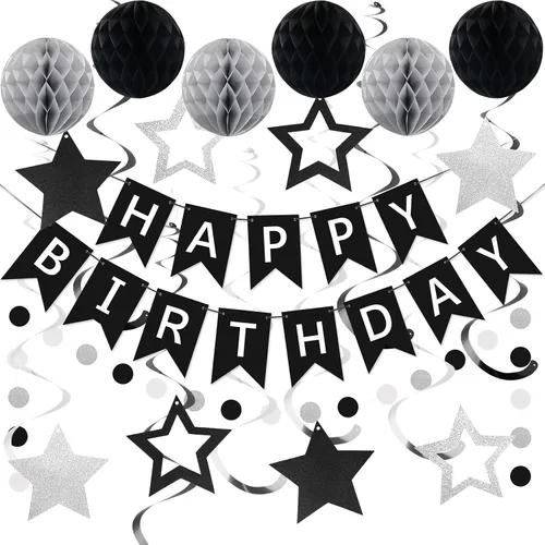 Vista 13 de meowtastic - Decoraciones de cumpleaños, pancarta de feliz cumpleaños con bolas de panal de abeja, serpentinas colgantes de estrellas, guirnalda