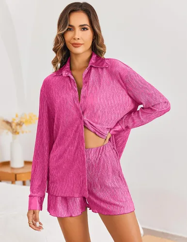 Vista 4 de Ekouaer Pleated Sets for Women 2 Piece Lounge Shorts Set Long Sleeve Button Down Shirts Outfits