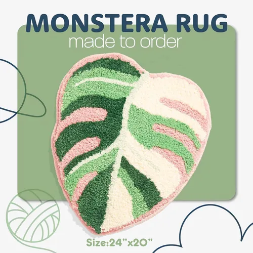 Vista 4 de Alfombra de baño de hoja de Monstera abigarrada, con forma de Monstera tropical, bonita alfombra de baño para decoración de baño, alfombra estética