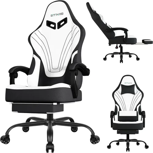 Vista 10 de Silla de juegos, sillas de juegos grandes y altas para adultos con reposapiés y soporte lumbar, cómoda silla de computadora de tela ergonómica