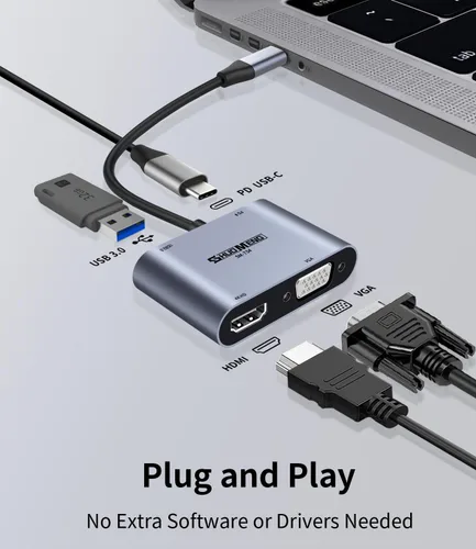 Vista 2 de Hub USB C 4 en 1, adaptador multipuerto tipo c a HDMI, 4K HD, VGA, puerto de carga de 100 W, USB3.0, compatible con Switch, Steam Deck, Rog Ally