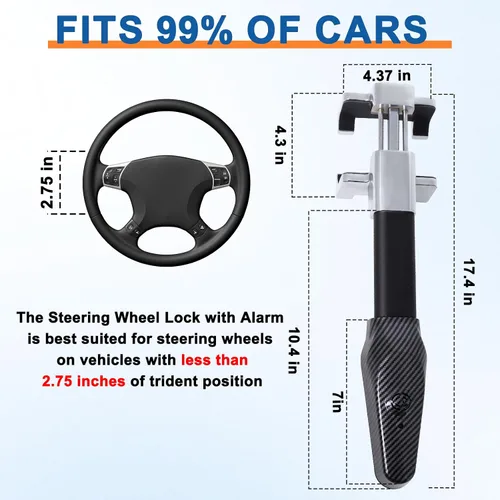 Vista 2 de Cerradura de volante con alarma, dispositivo de seguridad antirrobo de alta resistencia para automóviles, camiones y SUV, incluye 2 llaves (negro)