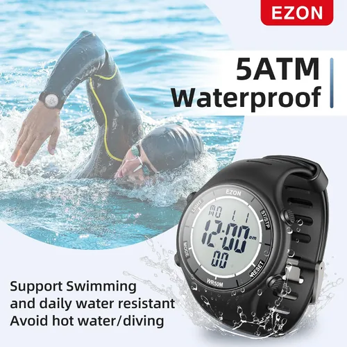 Vista 4 de EZON Reloj digital 5ATM impermeable cronómetro con temporizador de cuenta regresiva, cronógrafo, temporizador de solapa, retroiluminación ELalarma